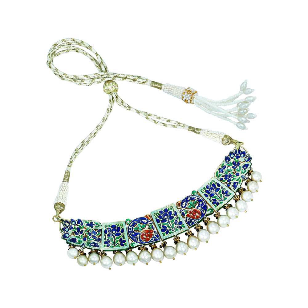 Polki Choker Necklace with Black Enamel and Pearls